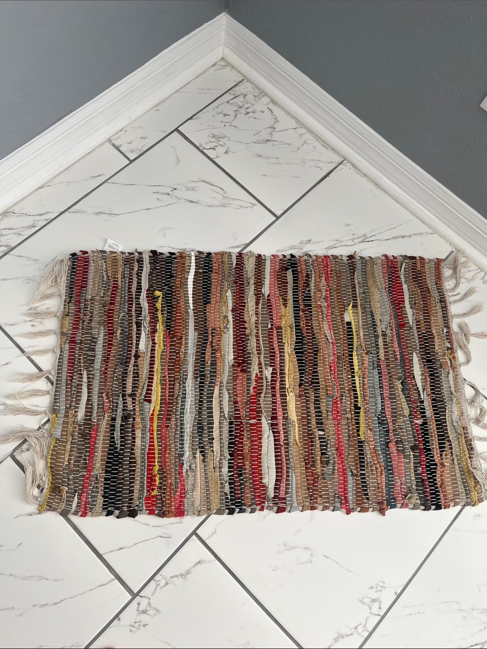 Boho Handwoven Multi-Color Striped Rag Fringe Rug